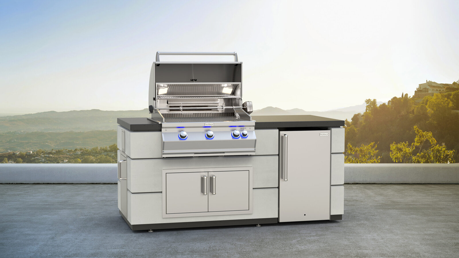 Fire Magic built-in stainless steel gas grill in a stone island